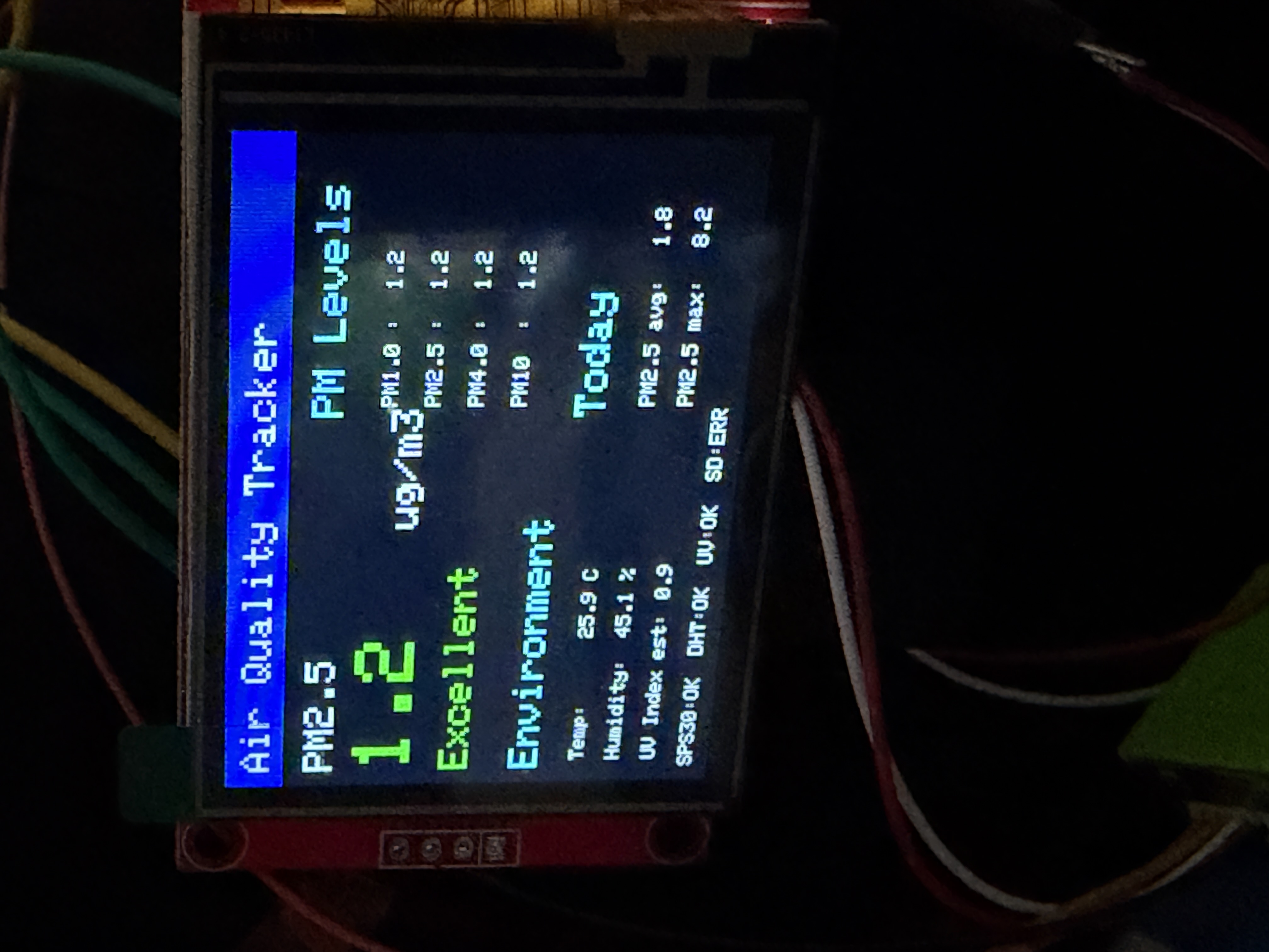 Air Quality Tracker TFT dashboard showing live readings